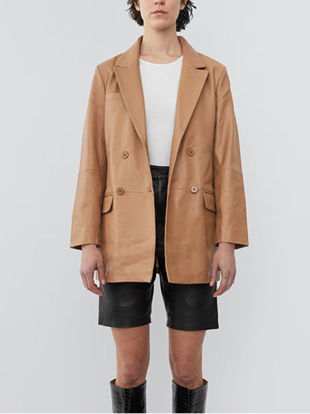 Deadwood Brenda Leather Oversized Double Breasted Blazer Tan Sz 36